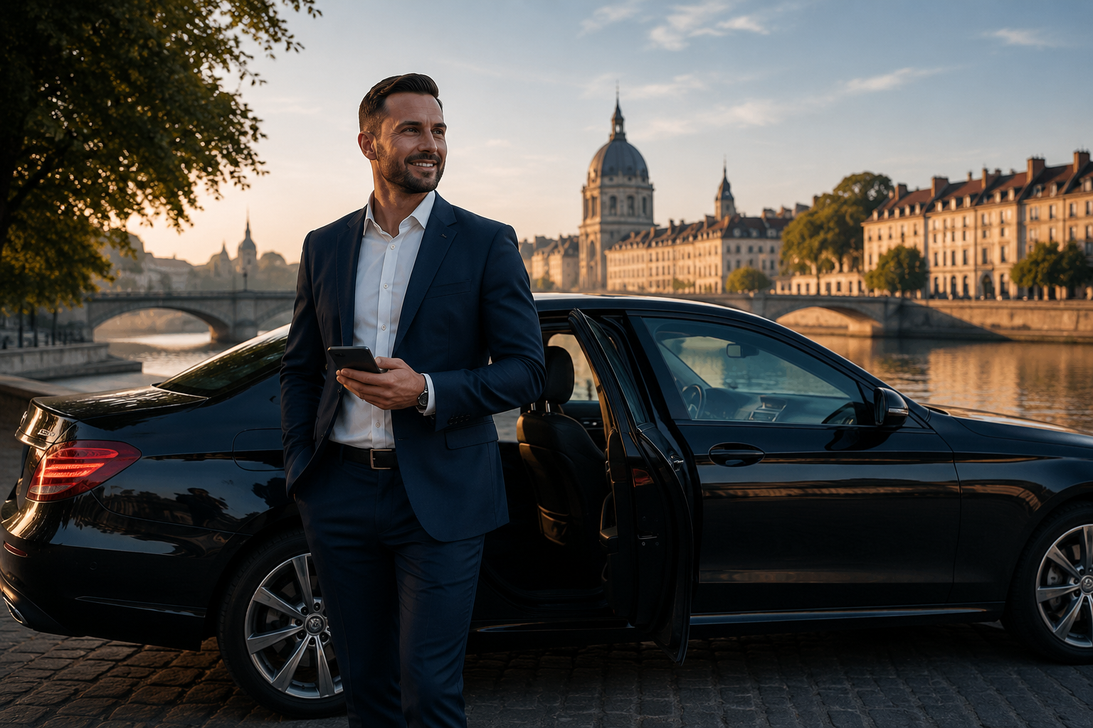 Chauffeur VTC professionnel devant son véhicule